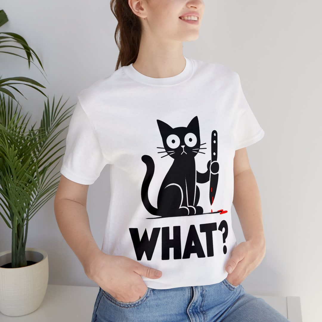 Black Cat With Knife 'WHAT' Tshirt Unique Graphic Tee Top, Unisex
