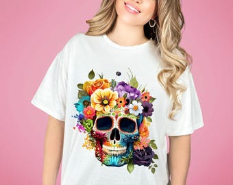 Cute Colorful Sugar Skull Flowers Unisex Dia de los Muertos T-shirt,Day of the Dead, Mexican TShirt, Halloween Shirt Costume, 2023 Sugar Tee