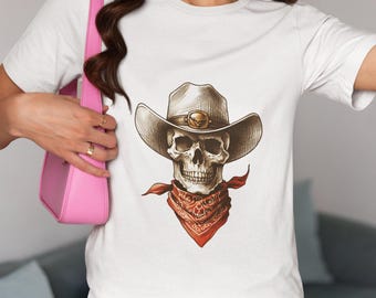 Unisex Skull Cowboy Hat & Bandana T-Shirt | Western Rodeo Skeleton Tee Top | Country Wild West Shirt | Cool Tattoo Art Design | Unique Gift