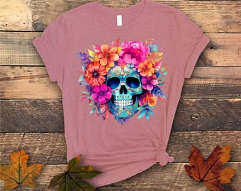 Cute Colorful Sugar Skull Flowers Unisex Dia de los Muertos T-shirt,Day of the Dead, Mexican TShirt, Halloween Shirt Costume, 2023 Sugar Tee