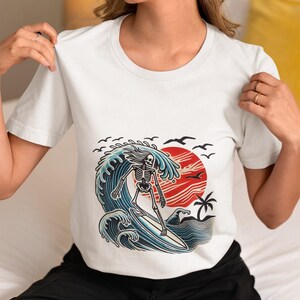 Radical Skeleton Surfing T-Shirt - Unisex Beach Tee - Cool Graphic Skull Surfer Shirt - Vintage Style Surf Skeleton Top-Perfect Surfing Gift
