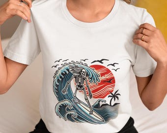 Radical Skeleton Surfing T-Shirt - Unisex Beach Tee - Cool Graphic Skull Surfer Shirt - Vintage Style Surf Skeleton Top-Perfect Surfing Gift