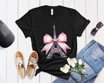 Cartoon Eiffel Tower T-Shirt with Pink Bow - Parisian Chic Unisex Tee Top, Quirky French Landmark Shirt, Unique Gift Idea for Travel Lovers
