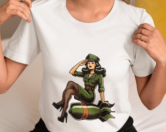 Vintage Military Pin-Up Girl T-Shirt, Retro WWII Style ,Unisex Graphic Tee,Classic Bombshell Art,Rockabilly Pin-Up Girl Design,Top Gift Idea