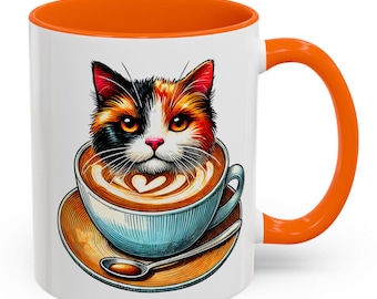 Cute Cat Coffee Mug - Whimsical Latte Art Kitty Tea Cup - Funny Cat Lover Gift - Cozy Aesthetic Coffee Mug - Calico Cat Espresso Design