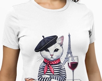 French Cat with Eiffel Tower Graphic T-Shirt, Funny Unisex Tee, Parisian Style Kitty with Beret,Wine & Baguette,Cute Top Gift for Cat Lovers