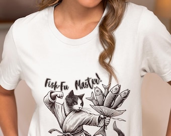 Fish-Fu Master Cat T-Shirt - Funny Martial Arts Karate Kitty Tee - Unique Ninja Cat with Fish Design - Unisex Quirky Animal Lover Top Gift