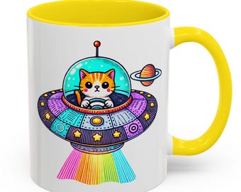 Kawaii Space Cat UFO Mug - Cute Alien Kitty Coffee Cup - Adorable Galactic Cat Lover Gift - Cosmic Sci-Fi Drinkware - Outer Space Design