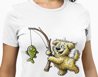 Funny Fishing Dog T-Shirt, Cute Yellow Fluffy Dog Catching Green Fish Graphic Tee, Unisex Gift for Anglers, Dog Lovers & Outdoor Humor Fans