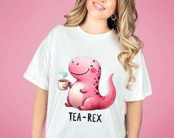 Watercolor T-Rex Dinosaur Tee with Tea Cup - Unique Tea Rex Dino T-Shirt, Fun Unisex Tee Top for Dinosaur Lovers, Perfect Shirt Gift Idea