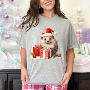 Hedgehog With Christmas Santa Hat & Gift Boxes Unisex T-Shirt For Men/Women Festive Holiday Shirt | Xmas Season Apparel Gift Idea Tee Top