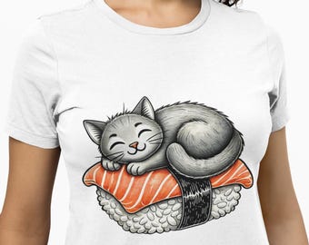 Cute Cat Sushi T-Shirt, Funny Kawaii Neko Sleeping on Salmon Nigiri Tee, Sushi Lover Gift Shirt, Unisex Japanese Food Cat Mashup Top