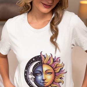 Mystical Celestial Sun and Moon Face T-Shirt | Boho Vintage Cosmic Graphic Tee | Spiritual Astrology Shirt | Novelty Tee Top Gift Idea