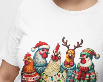 Festive Christmas Unisex T-Shirt with Five Adorable Chickens in Holiday Sweaters & Xmas Hats, Farm Animal Novelty Tee, Top Shirt Gift Idea
