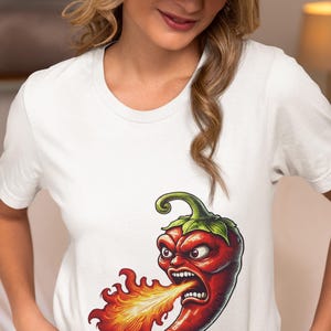 Spicy Red Chili Pepper Breathing Fire T-Shirt for Hot Sauce Lover,Funny Foodie Novelty Tee,Unique Graphic Gift for Spicy Food Enthusiast Top