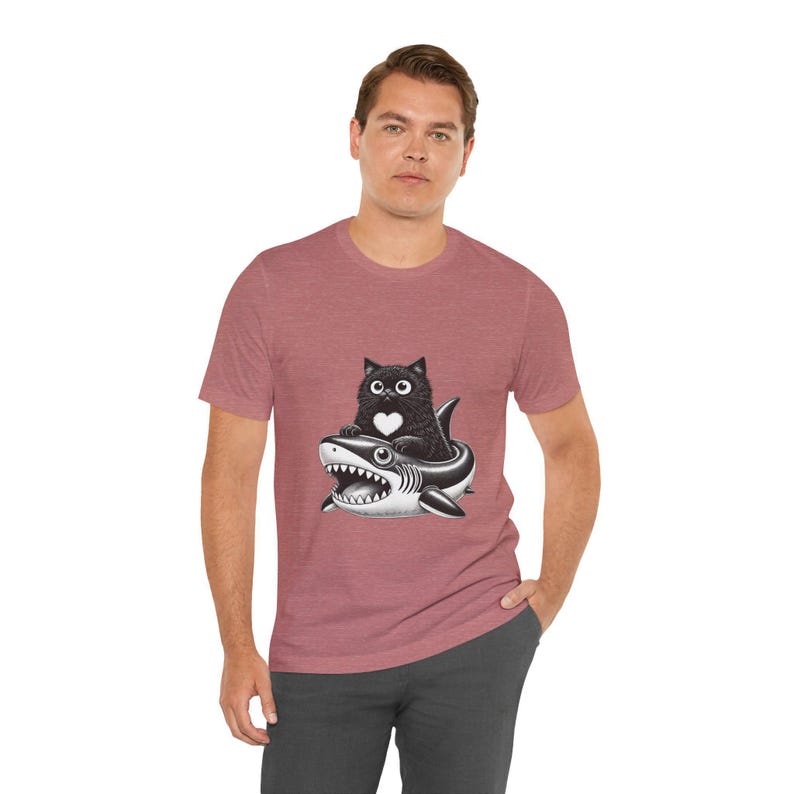 Cute Black Cat Riding Shark Inflatable T-Shirt, Funny Gothic Cat Shirt, Kawaii Cat Lover Gift, Shark Float Cat Tee, Unisex Cat Graphic Top image 6