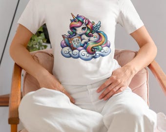 Unisex Fantasy Unicorn T-Shirt | Believe In Yourself Motivational Tee Top | Colorful Rainbow Mane & Tail | Cloud Reading Unicorn | Plus Size