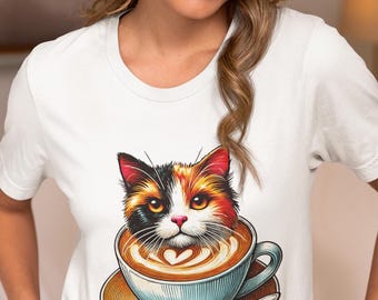 Cute Cat Coffee T-Shirt - Funny Latte Art Kitten Tee - Kawaii Calico Cat Lover Shirt - Unisex Espresso Cafe Gift Top-Cozy Barista Aesthetic