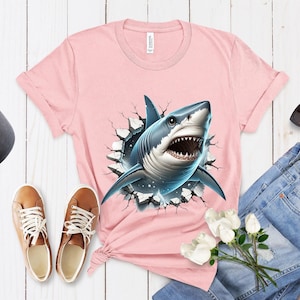 3D-Effect Shark Breakthrough T-Shirt - Unisex, Realistic Sea Predator, Wall Break Illusion, Trendy Casual Wear, Unique Ocean Tee Top Design