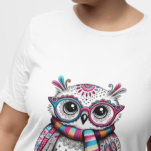 Cute Hipster Owl with Glasses & Scarf Unisex T-Shirt, Unique Owl Lover Novelty Shirt Gift for Women and Men, Cozy and Stylish Tee Top Gift