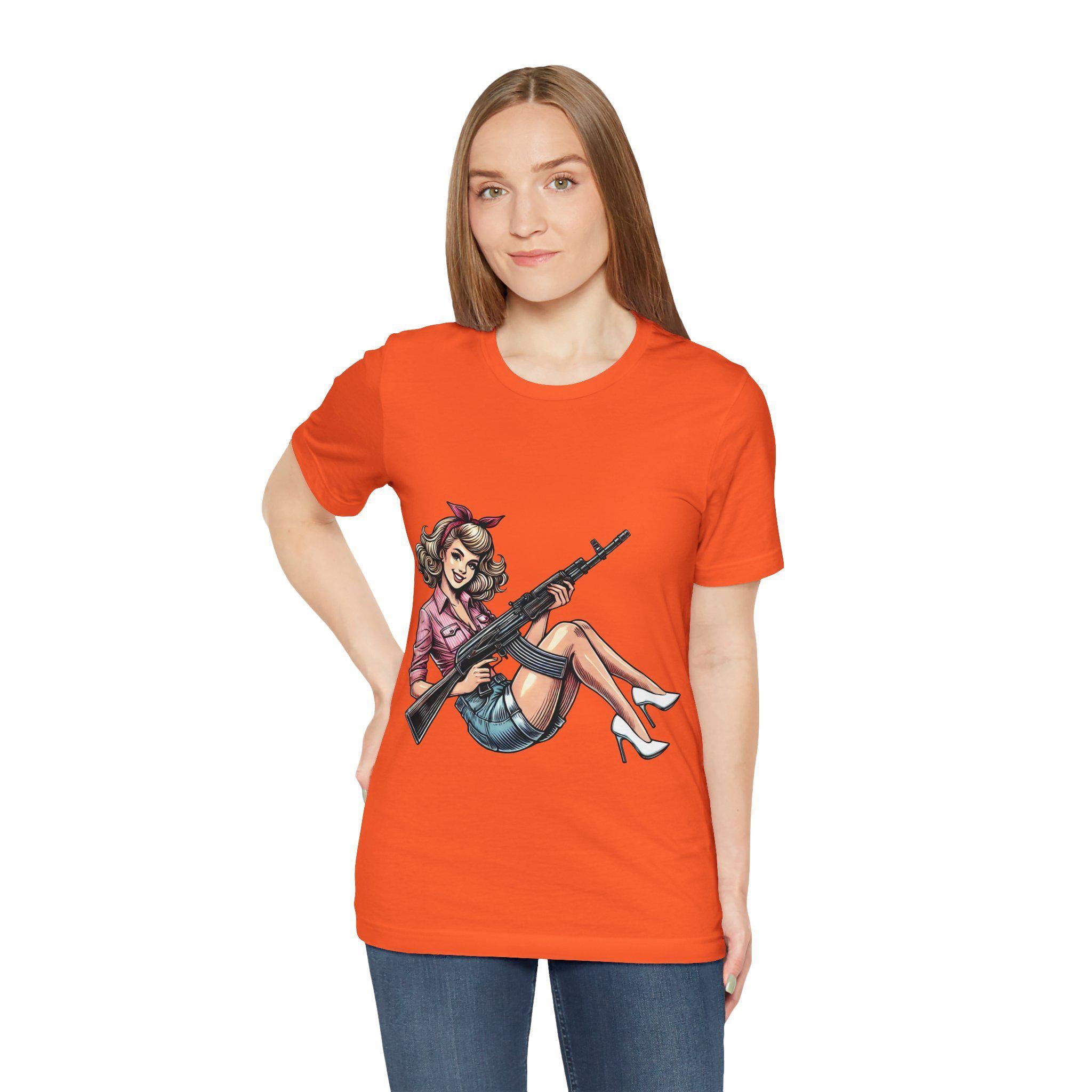 Vintage Pin-up Girl With Gun T-shirt, Retro Military Style Graphic 
