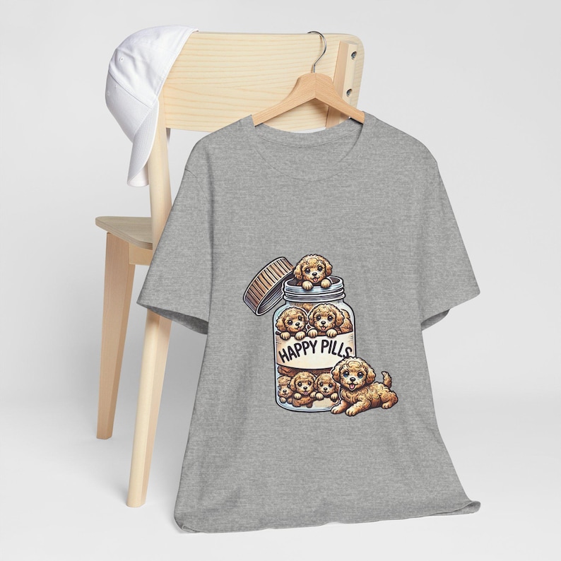 Happy Pills Unisex T-Shirt Featuring Cute Puppies in a Pill Bottle, Dog Lover Novelty Tee Gift Idea, Unique Pet Humor Shirt Top