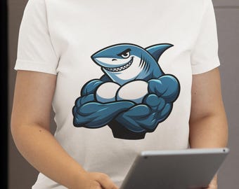 Muscular Shark Cartoon Unisex T-Shirt | Cool, Funny, Graphic Tee Top for Men and Women | Unique Gym Gift | Casual Wear | All Sizes Available