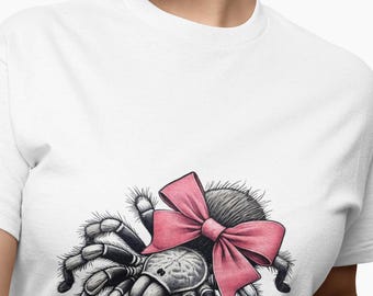 Cute Tarantula Wearing a Pink Bow Unisex T-Shirt, Unique Novelty Shirt Design, Funny Spider Tee Top Design Gift Idea for Arachnid Lovers