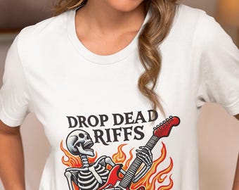 Skeleton Guitar T-Shirt - Drop Dead Riffs Flame Top Design - Unisex Rock Music Graphic Tee - Cool Halloween or Concert Statement Shirt