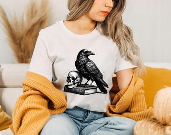 Raven on Book & Skull Print Unisex Cotton T-Shirt | Gothic Literature Tee Top | Dark Academia Fashion|Book Lover Shirt Gift idea for Her/Him