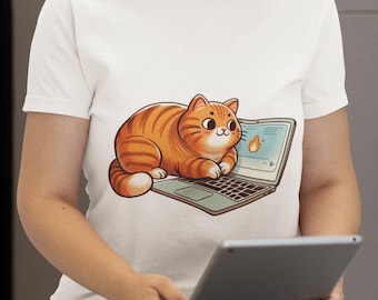 Cute Cat Graphic Unisex T-Shirt, Casual Orange Tabby Laptop Humor Tee, Perfect for Cat Lovers and Tech Enthusiasts - Gift Idea for Her/Him