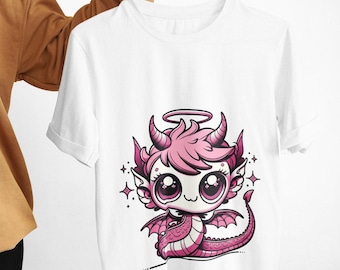 Adorable Pink Dragon Character Unisex T-Shirt - Fantasy Creature Comfort Tee Top, Whimsical Creature Lover Gift, Cute Aesthetic Apparel