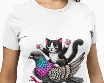 Unisex Playful Cat Riding Pigeon T-Shirt, Whimsical Graphic Novelty Tee, Unique Animal T-shirt Design, Fun Casual Creative Top Gift Idea