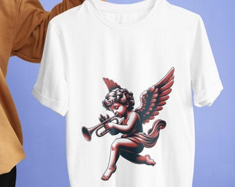 Renaissance Cherub Trumpet Unisex T-Shirt | Vintage Style Angelic Musician Graphic Tee Top | Winged Cherubim Shirt | Artistic Angel Core