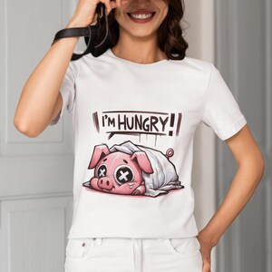Hungry Pig Cartoon T-Shirt | Funny &#39;I&#39;m Hungry&#39; Piglet Graphic Tee | Quirky Animal Lover Shirt Gift | Casual Unisex Cotton Top for All Sizes