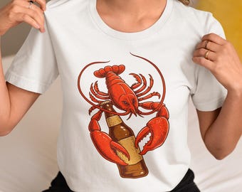 Lobster Beer T-Shirt, Unisex Seafood Lover Tee with Cartoon Lobster Holding Beer Bottle, Nautical Beach Party Shirt & Gift for Drink Fans