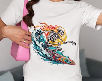 Unisex Skeleton Surfing T-Shirt, Flaming Skull Surfer Graphic Tee, Cool Skeleton on Waves Shirt, Retro Beach Style, Summer Surf Gift Top