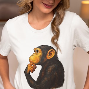 Thinking Monkey T-Shirt, Deep Thought Chimp Graphic Tee, Wise Ape Artwork Shirt, Philosophy Humor Gift for Men, Women, and Nerds Top