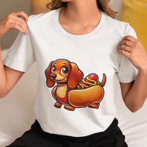 Funny Dachshund Hot Dog Unisex T-Shirt | Cartoon Wiener Dog Foodie Tee | Unique Sausage Dog Lover Gift | Casual Novelty Shirt for All