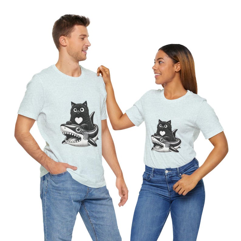 Cute Black Cat Riding Shark Inflatable T-Shirt, Funny Gothic Cat Shirt, Kawaii Cat Lover Gift, Shark Float Cat Tee, Unisex Cat Graphic Top