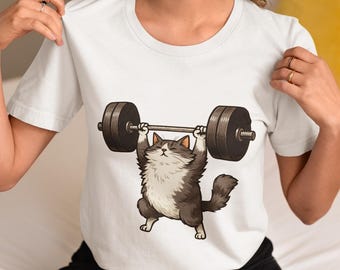 Strong Cat Workout T-Shirt, Funny Cartoon Cat Lifting Barbell Shirt, Unisex Fitness Animal Tee, Cute Gym Humor Gift for Cat, Workout Lovers