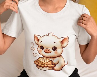 Adorable Piglet with Pie T-Shirt-Cute Farm Animal Graphic Tee-Unisex Funny Thanksgiving Shirt-Perfect Gift for Animal Lovers and Bakers Top