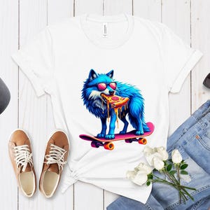 Wolf Skateboarder T-Shirt with Sunglasses & Pizza - Hipster Wolf Tee, Urban Skate Fashion, Unique Animal Shirt, Unisex Graphic Top Gift Idea