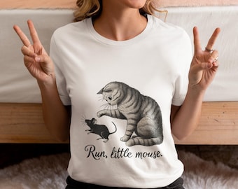 Vintage Cat & Mouse Chase Unisex T-Shirt, Playful 'Run, Little Mouse' Print Novelty Shirt, Cute Kitten Nudging Mouse Tee, Top Gift Idea