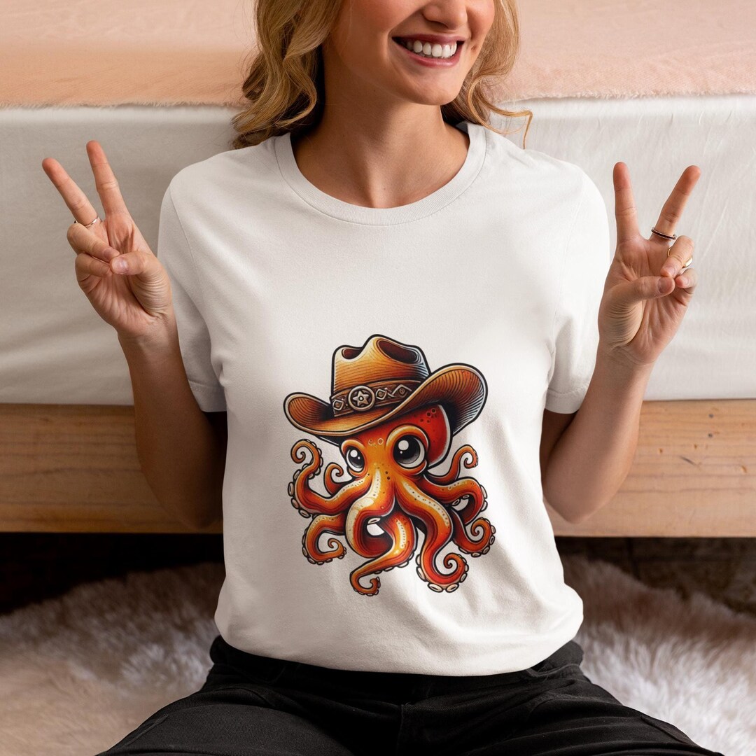 Quirky Octopus in Cowboy Hat Graphic Unisex Tee, Cute Western Aimal ...