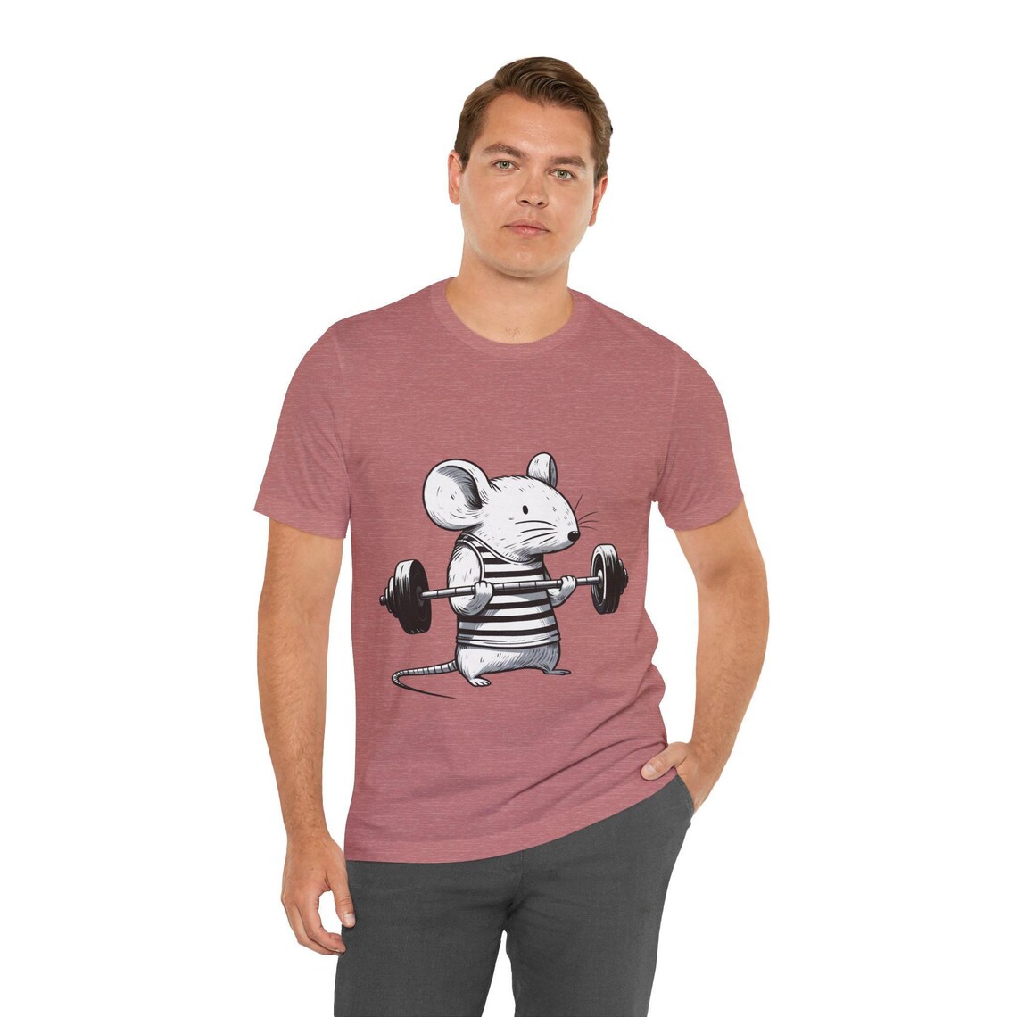 Adorable Mouse Weightlifting T-shirt, Cute Cartoon Mouse in Striped ...
