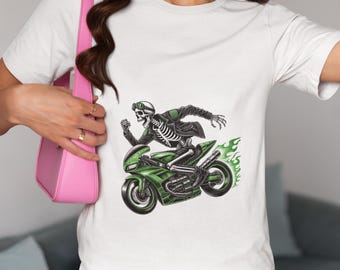 Edgy Skeleton Biker Unisex T-Shirt, Futuristic Motorcycle Novelty Tee, Cool Skull Rider Shirt, Unique Graphic Top,Halloween Biker Streetwear