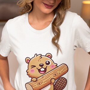 Cute Beaver with Log Unisex T-Shirt, Adorable Cartoon Beaver Holding Wood Novelty Tee, Shirt Gift for Nature Lovers, Woodland Fans Top