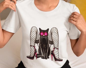 Edgy Black Cat and Heels T-Shirt - Gothic Aesthetic Graphic Tee, Unique Cat Lover Shirt, Dark Feminine Art Top, Unisex Alternative Fashion