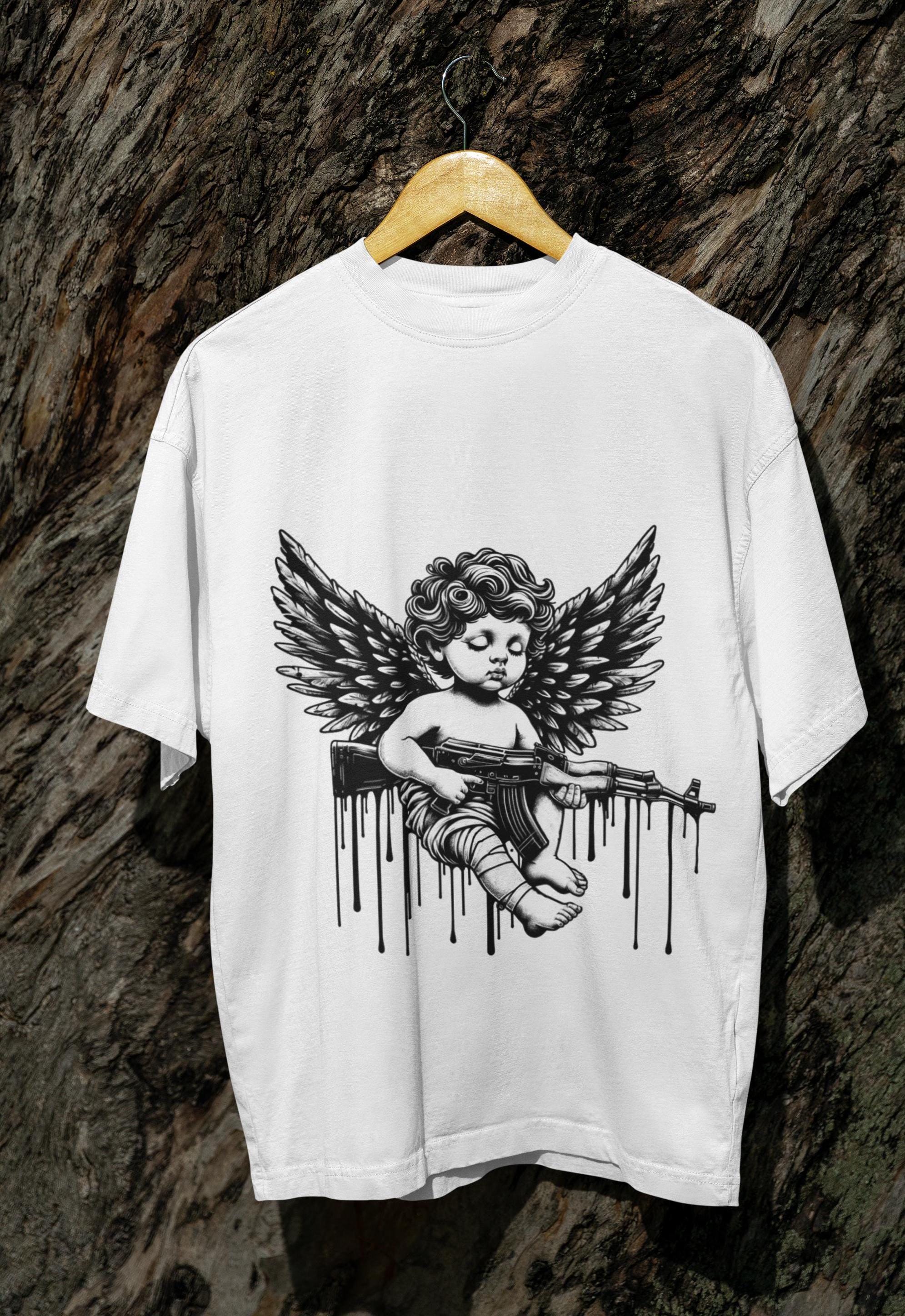 Dark Gothic Angel T-shirt - Rebel Cherub With Gun Tee - Edgy 